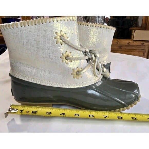 Jack Rogers Chloe Duck Rain Boots Olive Green Gold Sz 7 Shimmery Waterproof - Picture 9 of 15